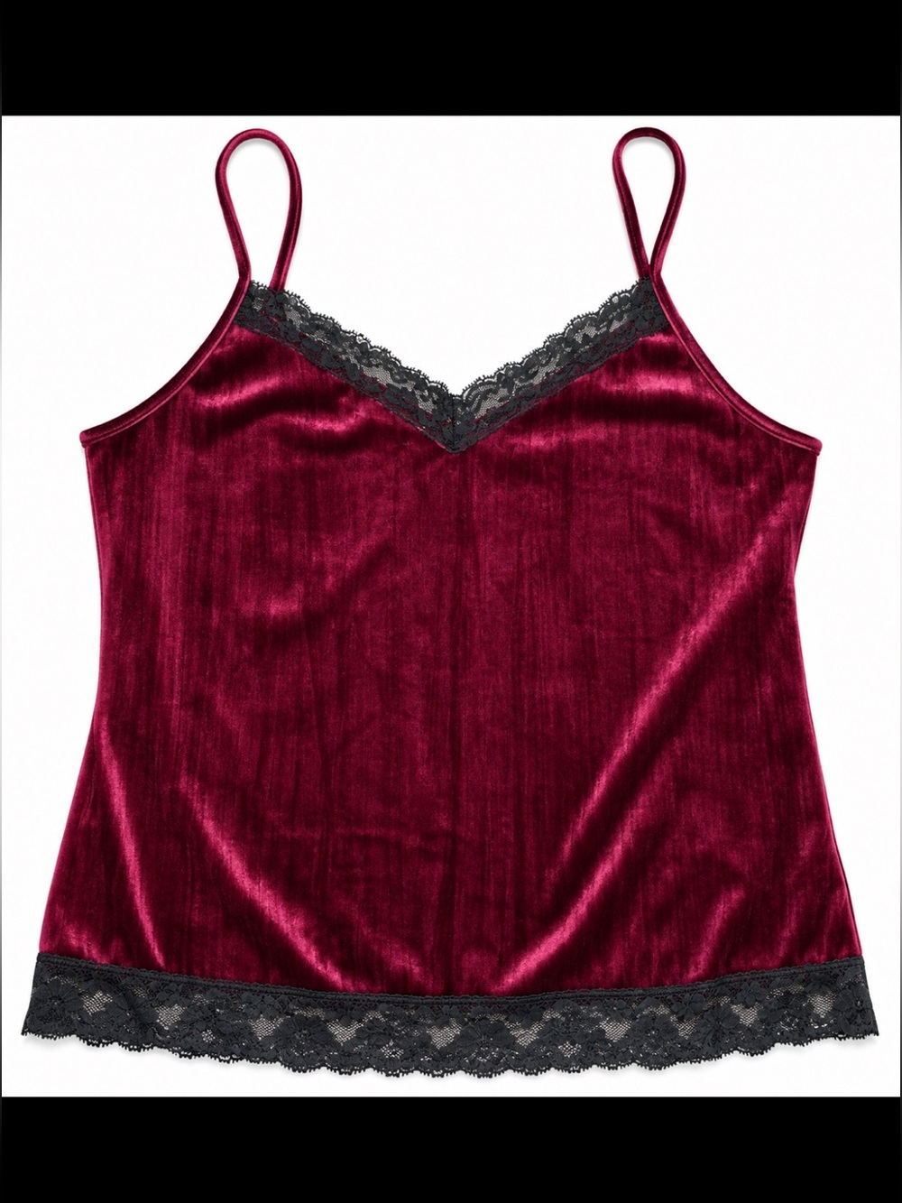 Velvet Lace Trim Cami Tank - Burgundy Vintage Inspired Lingerie Top Size M-L